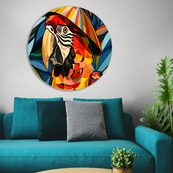 Kleurrijke abstracte papegaai met bladeren aluminium muurcirkel
