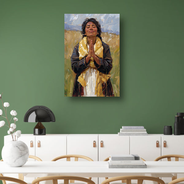Vrouw bidt vredig in zonovergoten velden poster