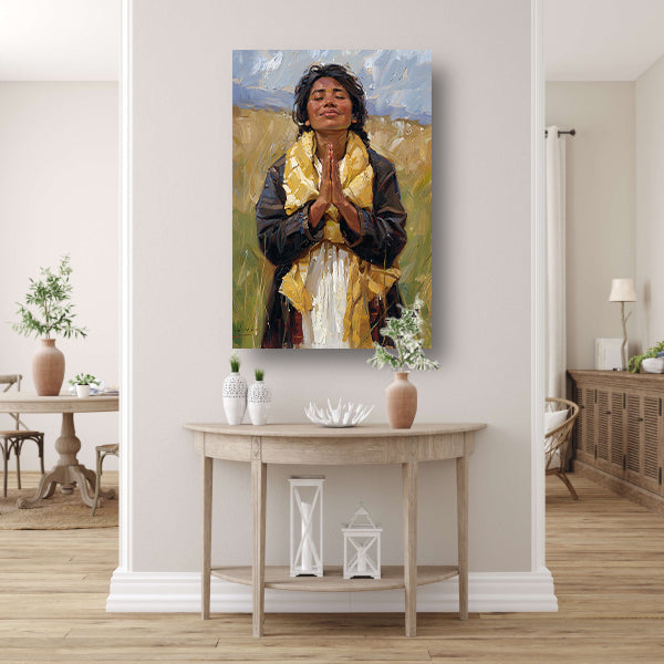 Vrouw bidt vredig in zonovergoten velden canvas