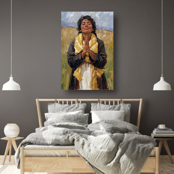 Vrouw bidt vredig in zonovergoten velden canvas