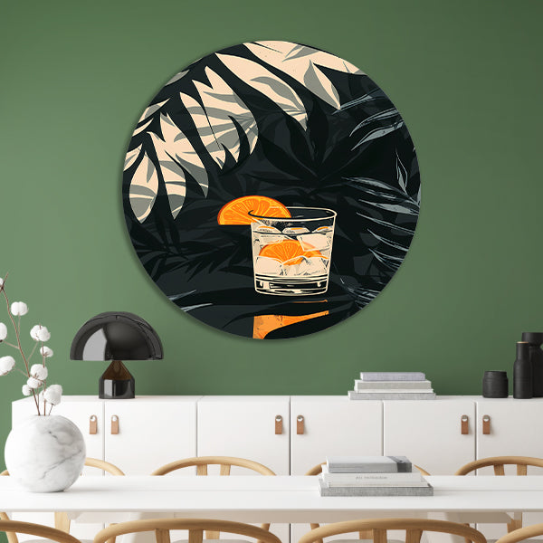 Citruscocktail in Glas met IJs en Planten aluminium muurcirkel