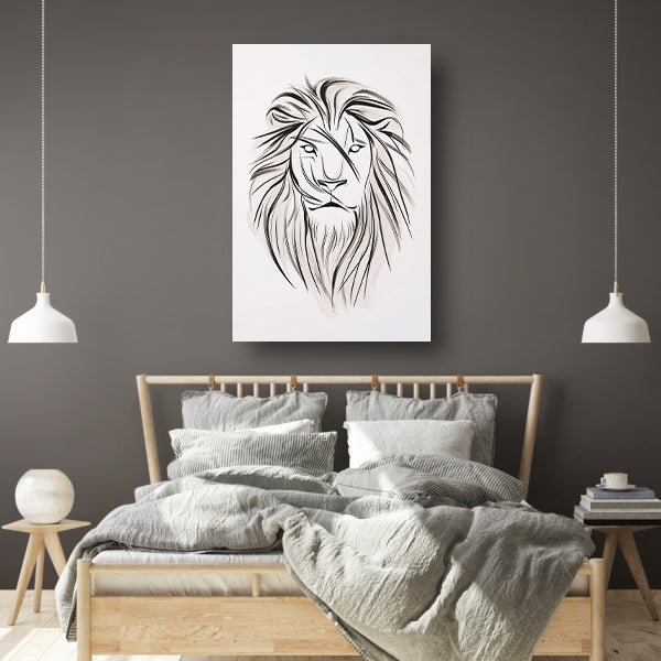 Minimalistische leeuw in zwart-wit lijnen canvas met baklijst
