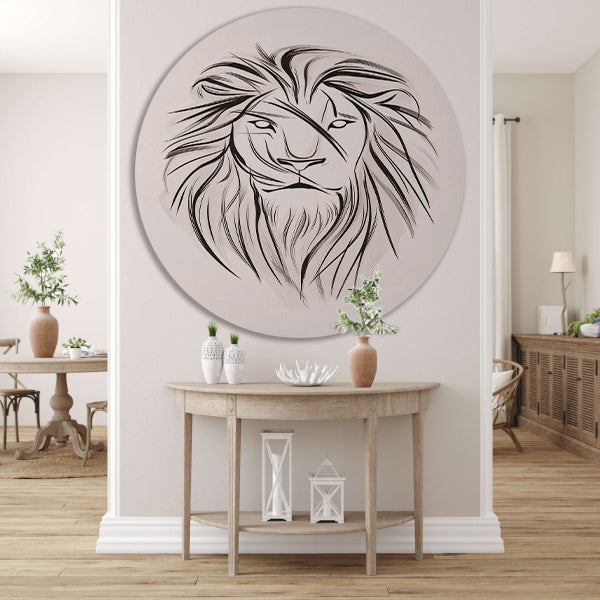 Minimalistische leeuw in zwart-wit lijnen aluminium muurcirkel