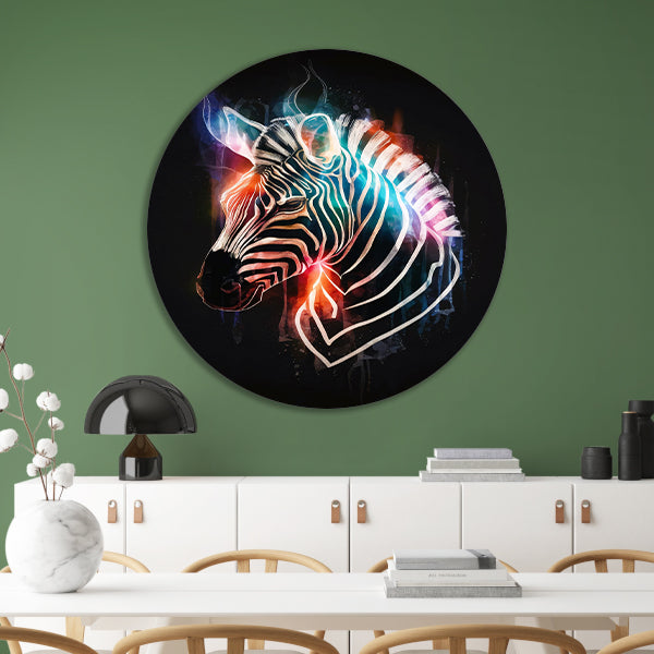 Abstracte Zebra in Kleurrijke Lichtstralen aluminium muurcirkel