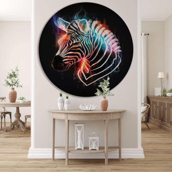 Abstracte Zebra in Kleurrijke Lichtstralen aluminium muurcirkel