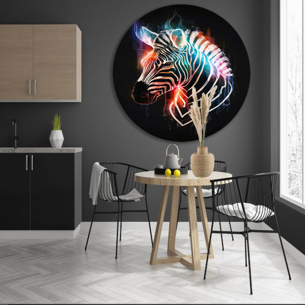 Abstracte Zebra in Kleurrijke Lichtstralen aluminium muurcirkel
