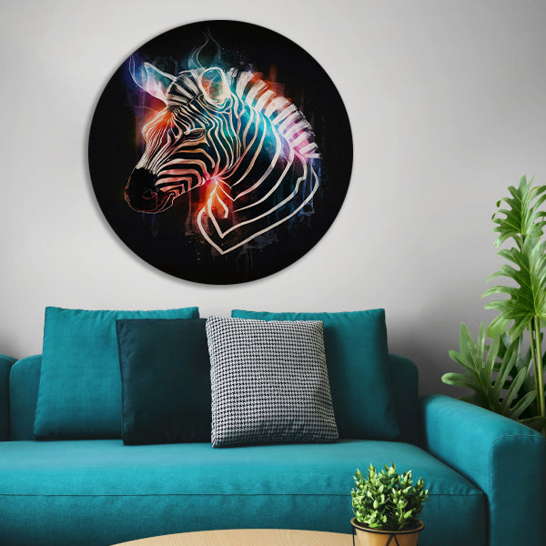 Abstracte Zebra in Kleurrijke Lichtstralen aluminium muurcirkel