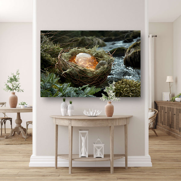 Vogelnest met glasbal in slaapkamer canvas