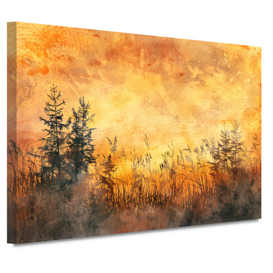 Warme Zonsondergang met Bomen en Gras canvas