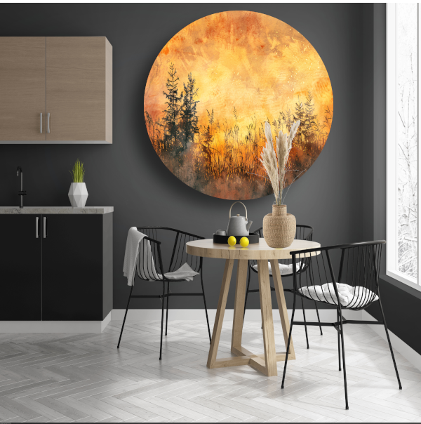 Warme Zonsondergang met Bomen en Gras forex muurcirkel