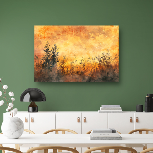 Warme Zonsondergang met Bomen en Gras canvas
