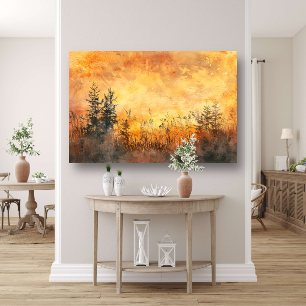 Warme Zonsondergang met Bomen en Gras canvas