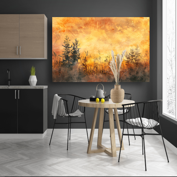 Warme Zonsondergang met Bomen en Gras canvas