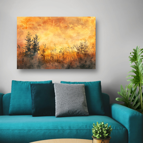 Warme Zonsondergang met Bomen en Gras canvas