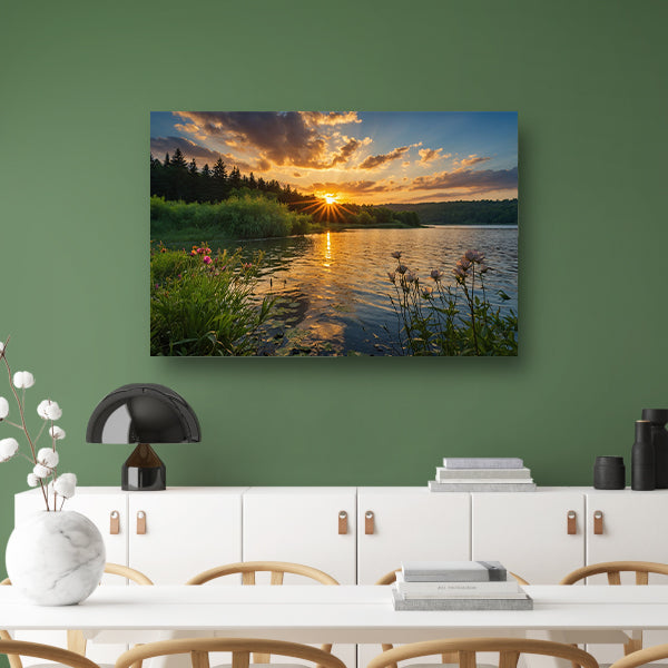 Adembenemende zonsondergang bij rustig meer poster