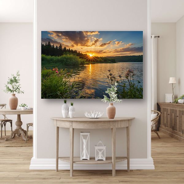 Adembenemende zonsondergang bij rustig meer poster