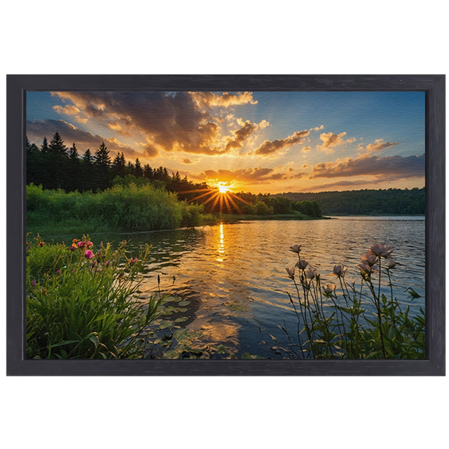 Adembenemende zonsondergang bij rustig meer canvas met baklijst