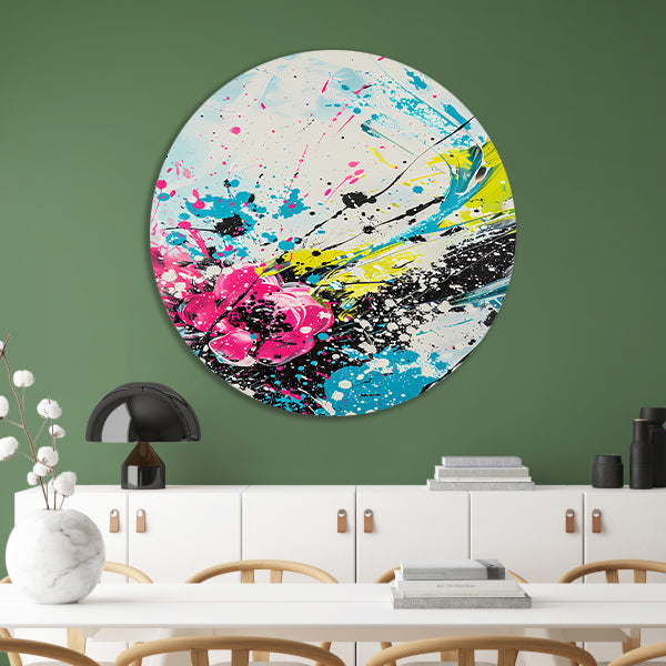 Dynamische abstracte kunst met kleurrijke spatten aluminium muurcirkel
