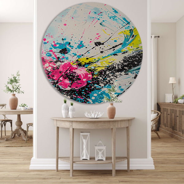 Dynamische abstracte kunst met kleurrijke spatten aluminium muurcirkel