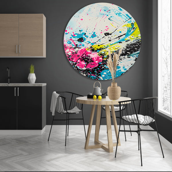 Dynamische abstracte kunst met kleurrijke spatten aluminium muurcirkel