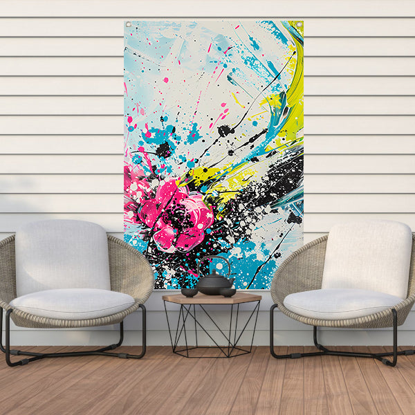 Dynamische abstracte kunst met kleurrijke spatten tuinposter