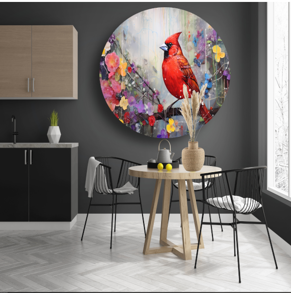 Schilderij: Rode kardinaal, bloemen aluminium muurcirkel