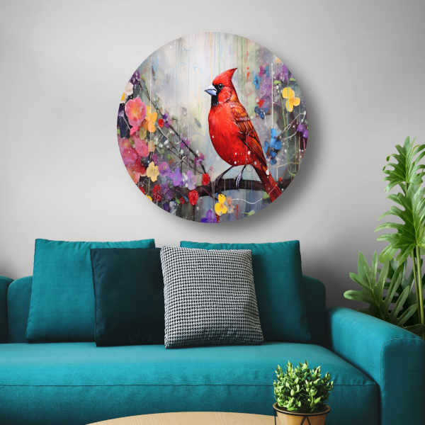Schilderij: Rode kardinaal, bloemen aluminium muurcirkel