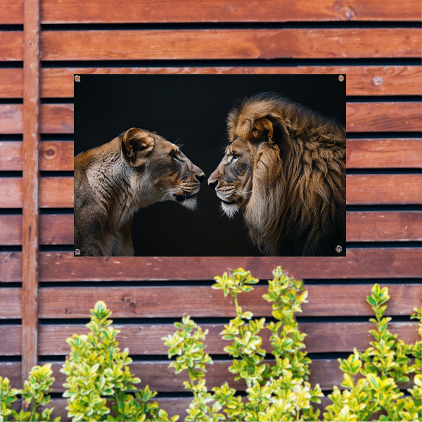 Leeuw en leeuwin in intense ontmoeting tuinposter