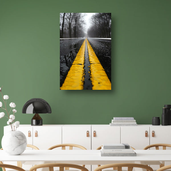 Regenachtige weg met gele strepen canvas