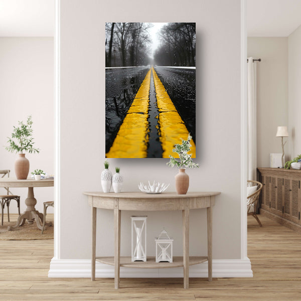 Regenachtige weg met gele strepen canvas