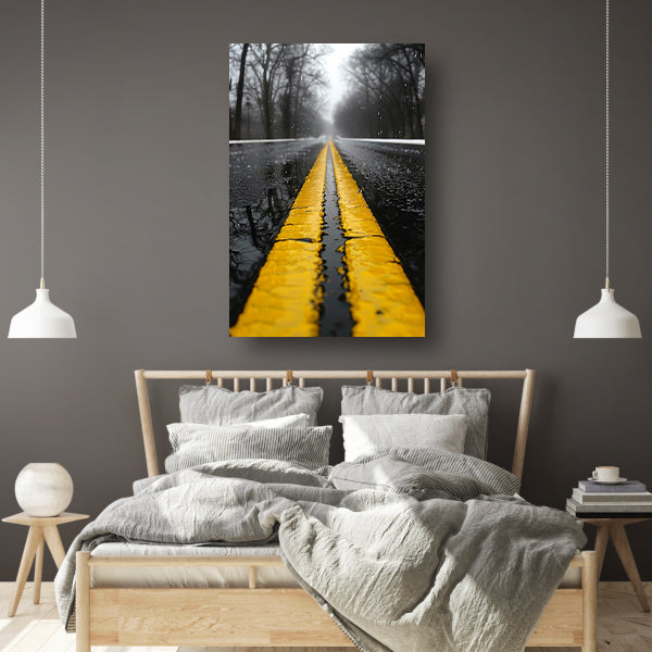 Regenachtige weg met gele strepen canvas