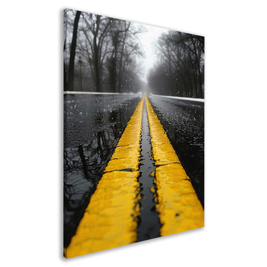 Regenachtige weg met gele strepen canvas