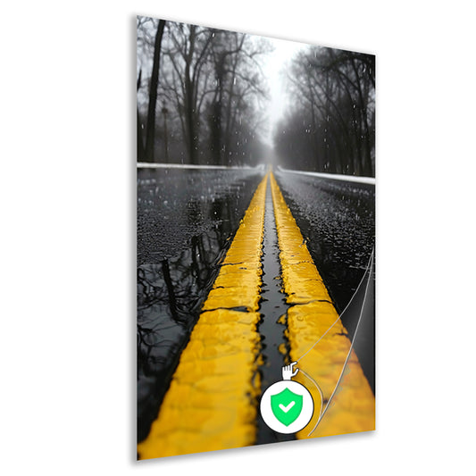 Regenachtige weg met gele strepen poster