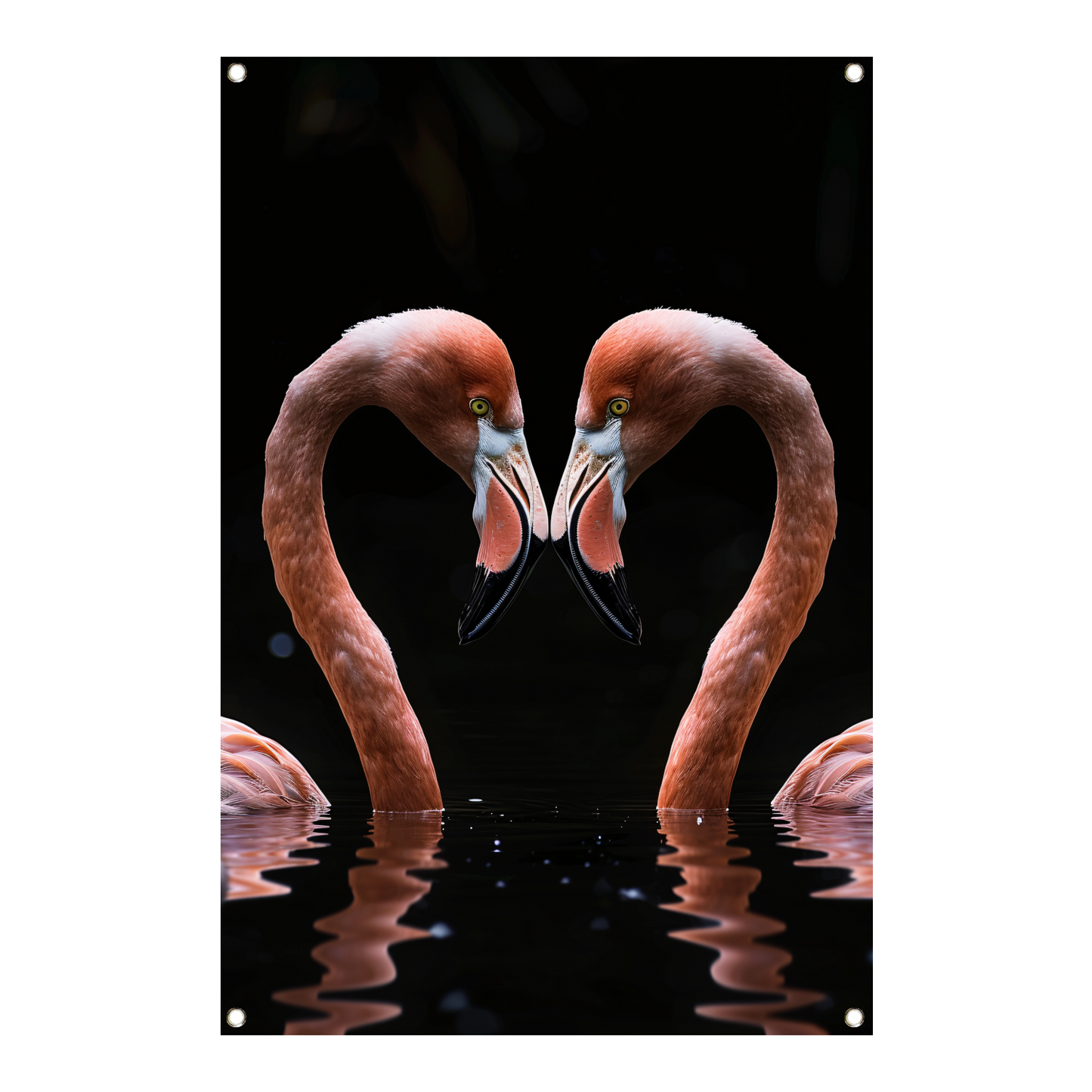 Twee flamingos vormen hart in water tuinposter