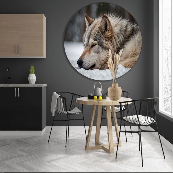 Slapende wolf in een besneeuwd landschap aluminium muurcirkel