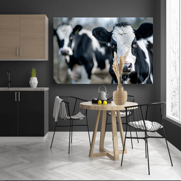 Close-up van nieuwsgierige zwart-witte koeien canvas