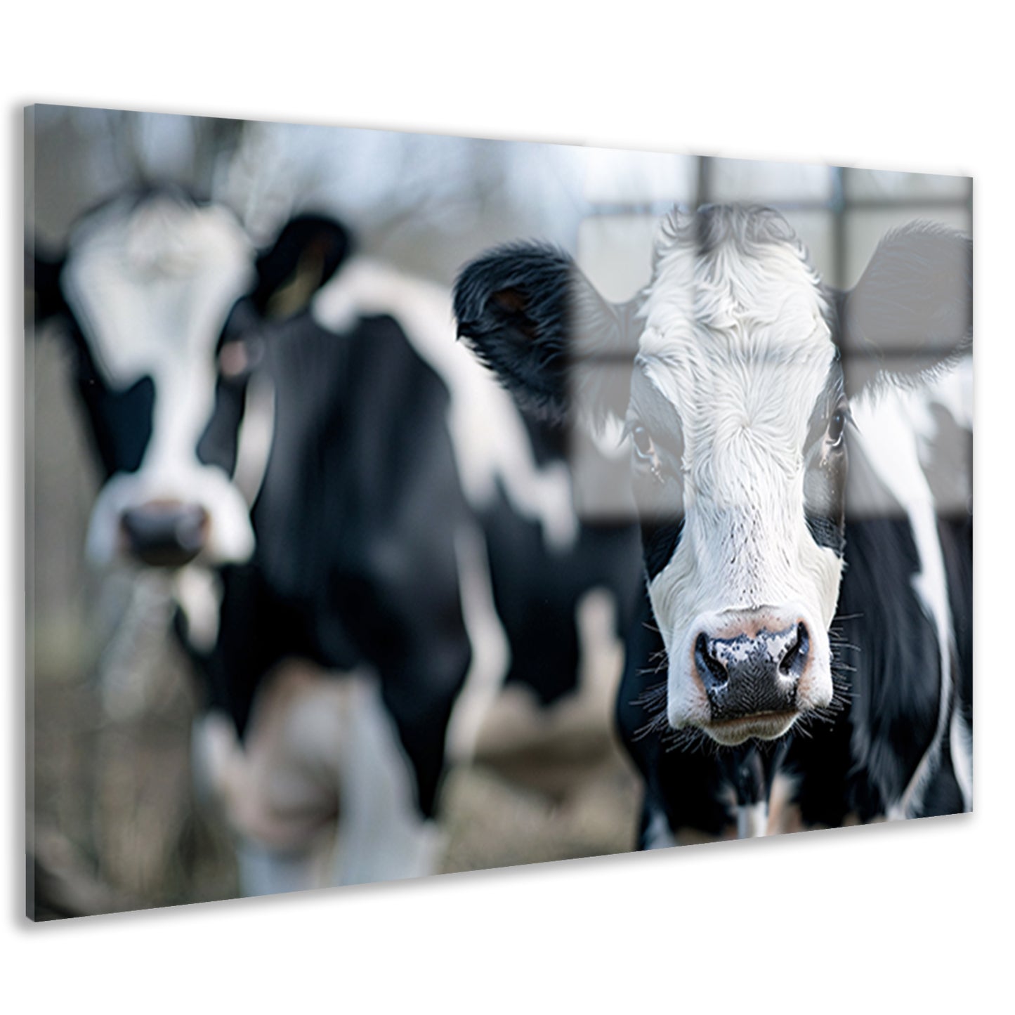 Close-up van nieuwsgierige zwart-witte koeien acrylglas