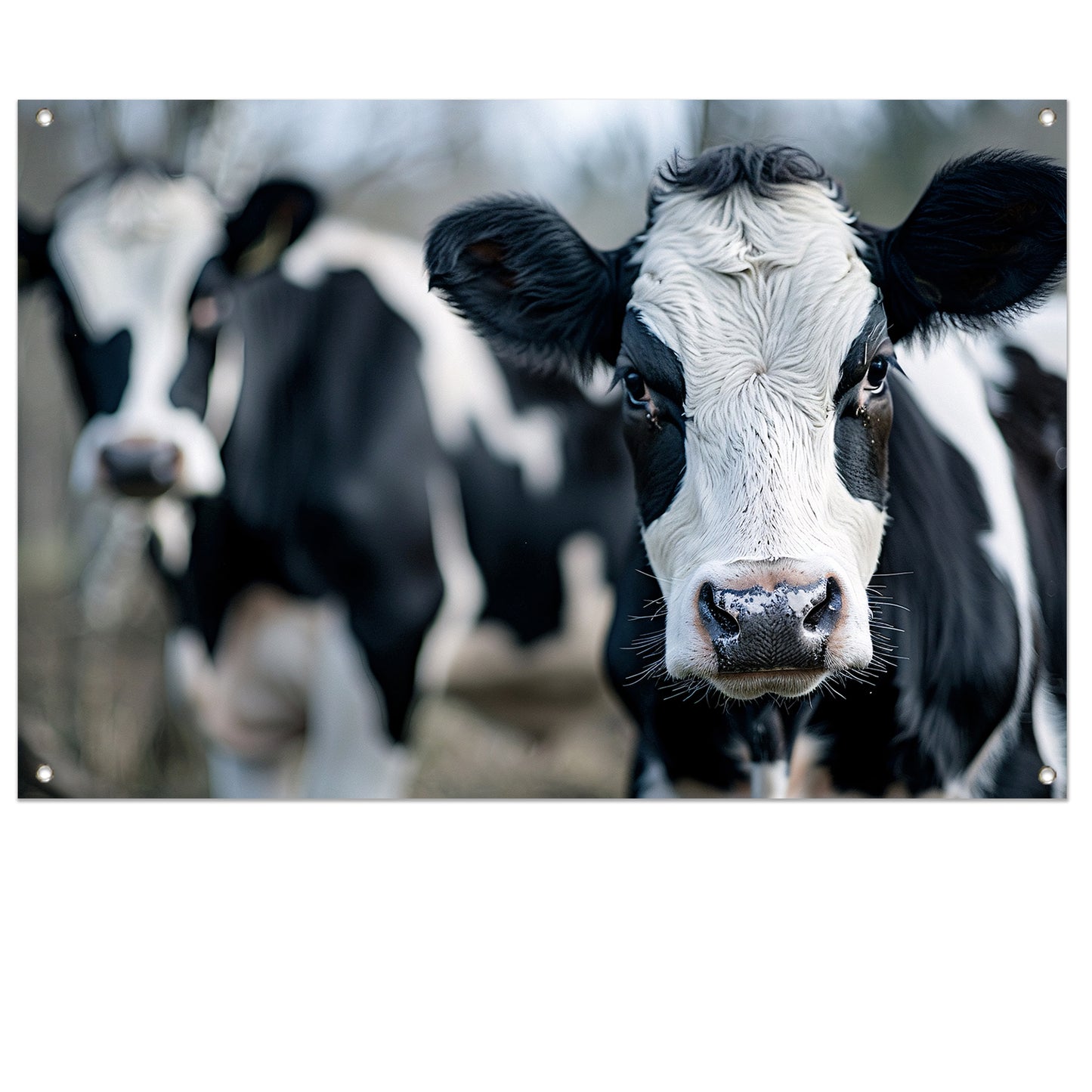 Close-up van nieuwsgierige zwart-witte koeien tuinposter