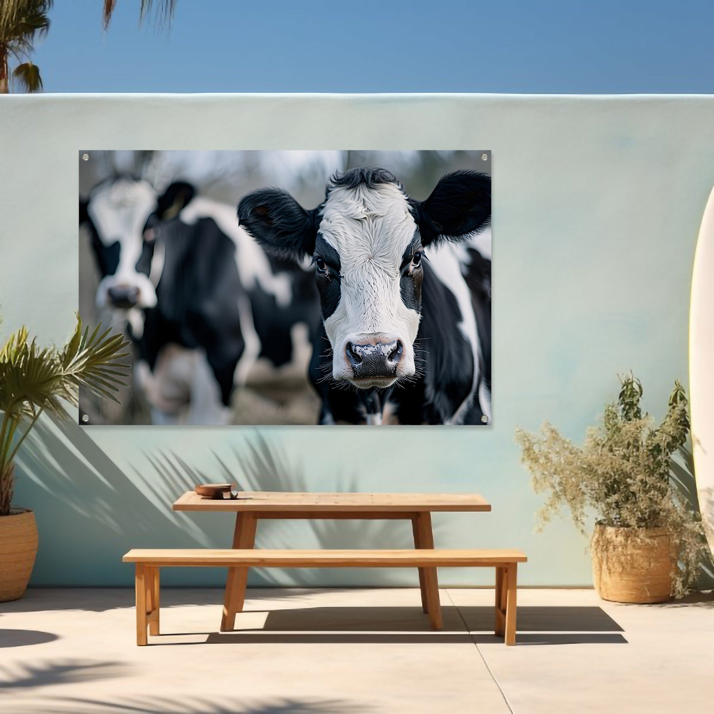 Close-up van nieuwsgierige zwart-witte koeien tuinposter