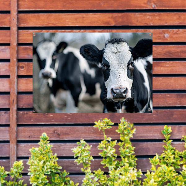 Close-up van nieuwsgierige zwart-witte koeien tuinposter