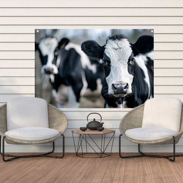 Close-up van nieuwsgierige zwart-witte koeien tuinposter
