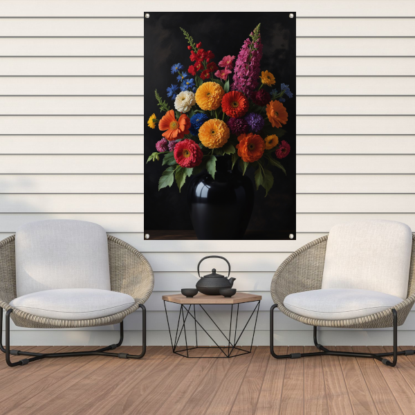 Een symfonie van bloemen in donkere elegantie tuinposter