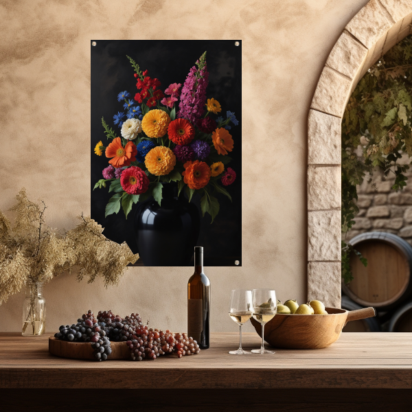 Een symfonie van bloemen in donkere elegantie tuinposter
