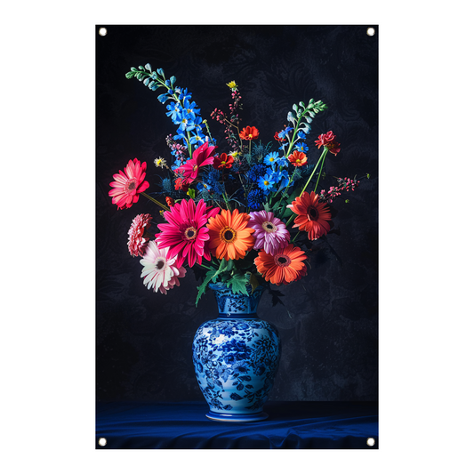 Levendige bloemen in elegante blauw-witte vaas tuinposter