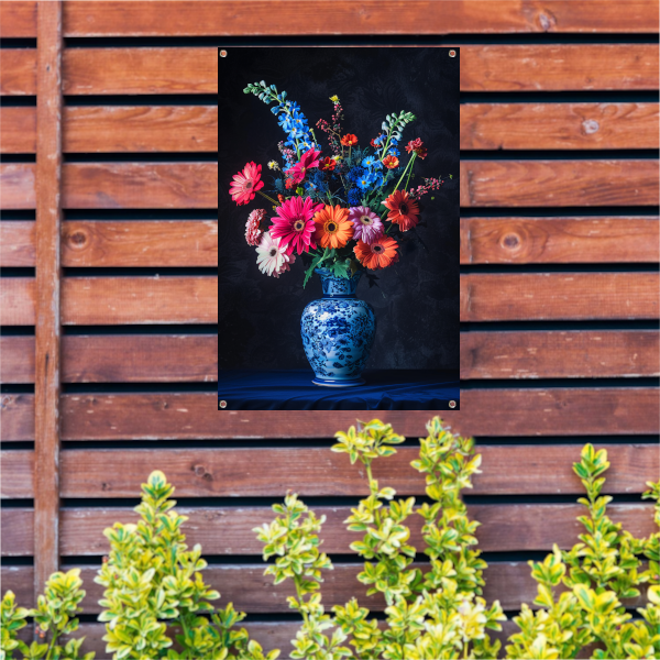 Levendige bloemen in elegante blauw-witte vaas tuinposter