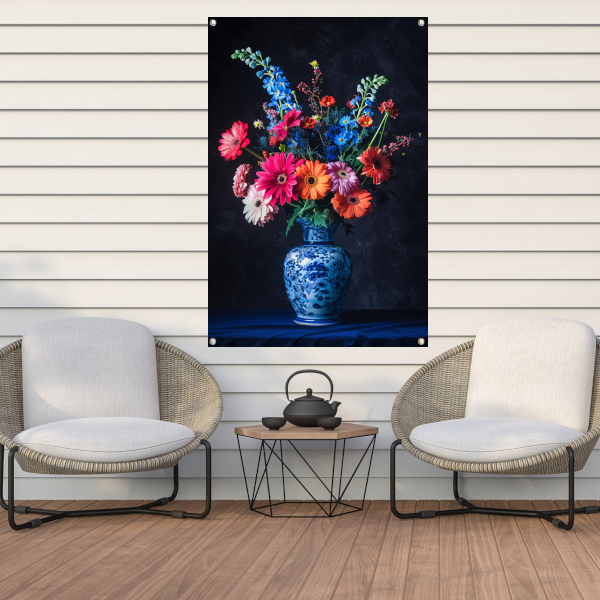 Levendige bloemen in elegante blauw-witte vaas tuinposter