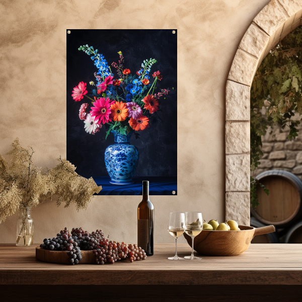 Levendige bloemen in elegante blauw-witte vaas tuinposter