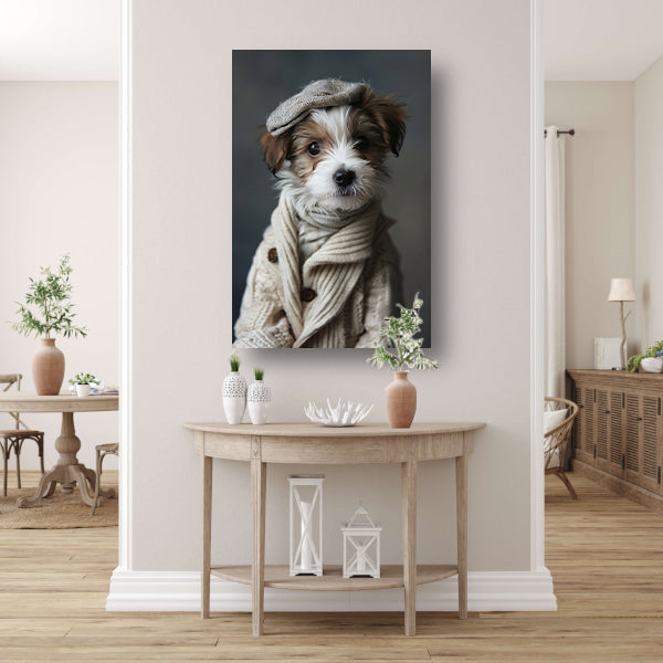 Puppy in beige trui met pet canvas