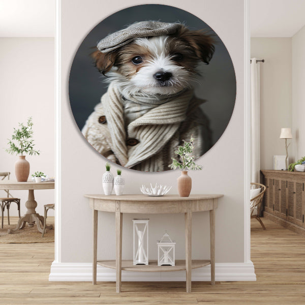 Puppy in beige trui met pet aluminium muurcirkel