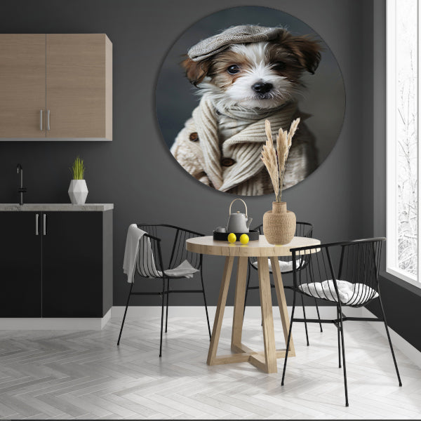 Puppy in beige trui met pet aluminium muurcirkel